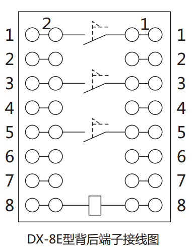 DX-8E信號(hào)繼電器內(nèi)部接線(xiàn)及外引接線(xiàn)圖（背視）